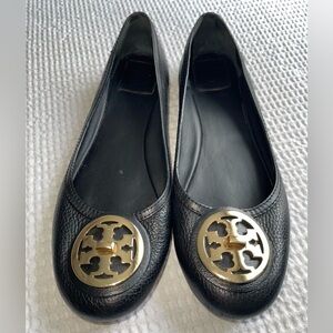 Tory Burch Black Flats with Gold Emblem